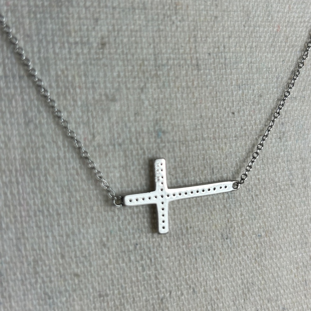 Sterling Silver Sideways Cross Necklace Dainty Clear Crystals Stamped 925 18"L - Picture 5 of 12